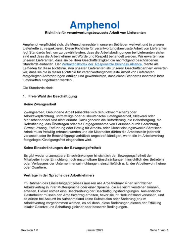 Supplier responsible labor | Policy V01/22